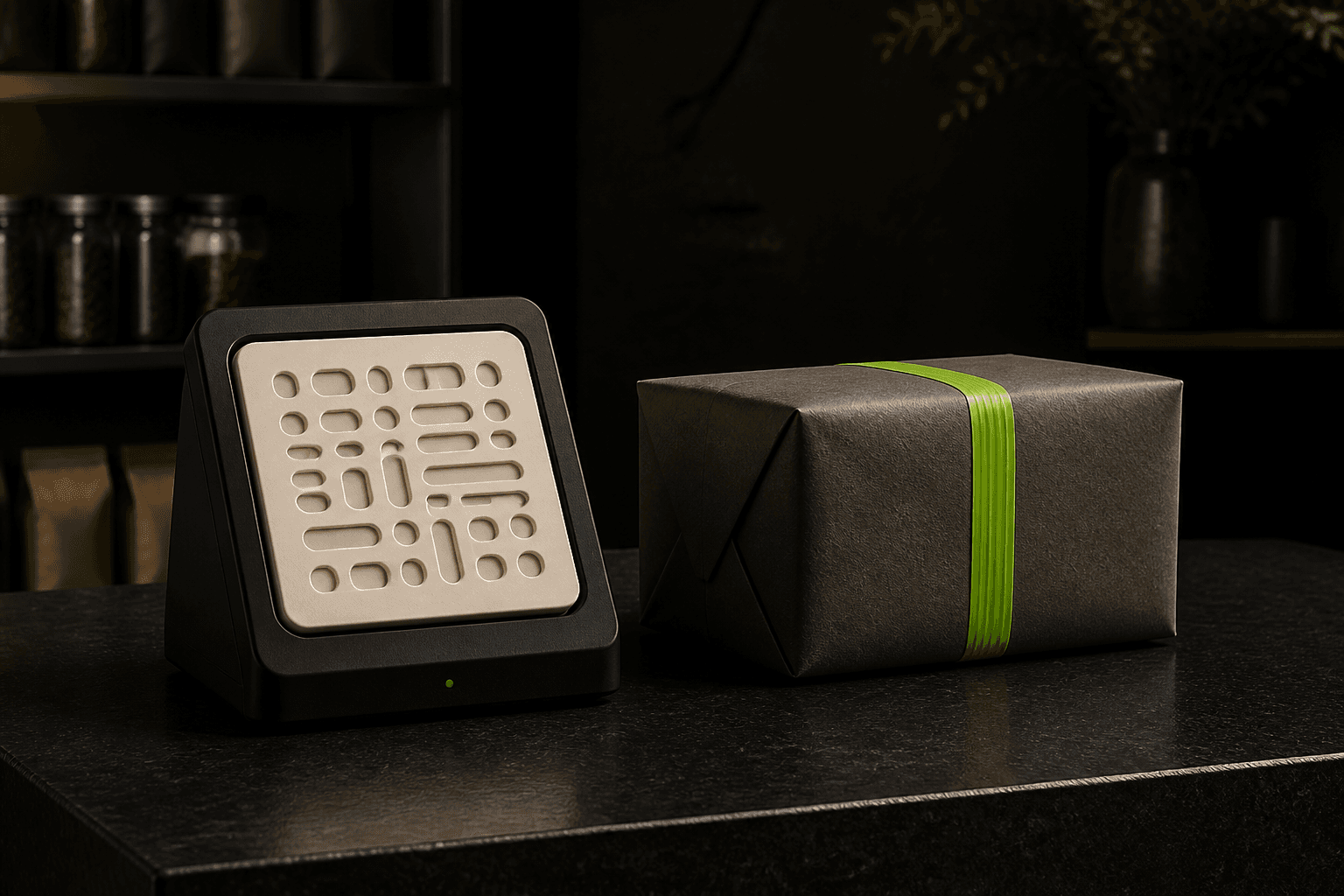 An abstract counter stand holding a QR tile beside a wrapped parcel, representing deliveryy.