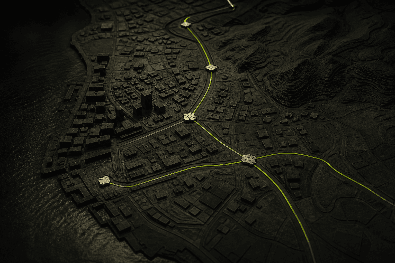 An abstract lit model of fiber routes running through a city district, representing NaiRoute.