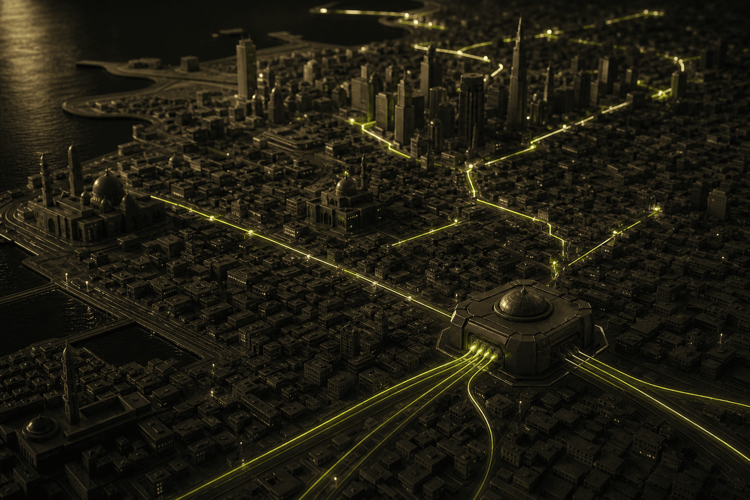 An abstract lit model of fiber routes running through a city district, representing NaiRoute.