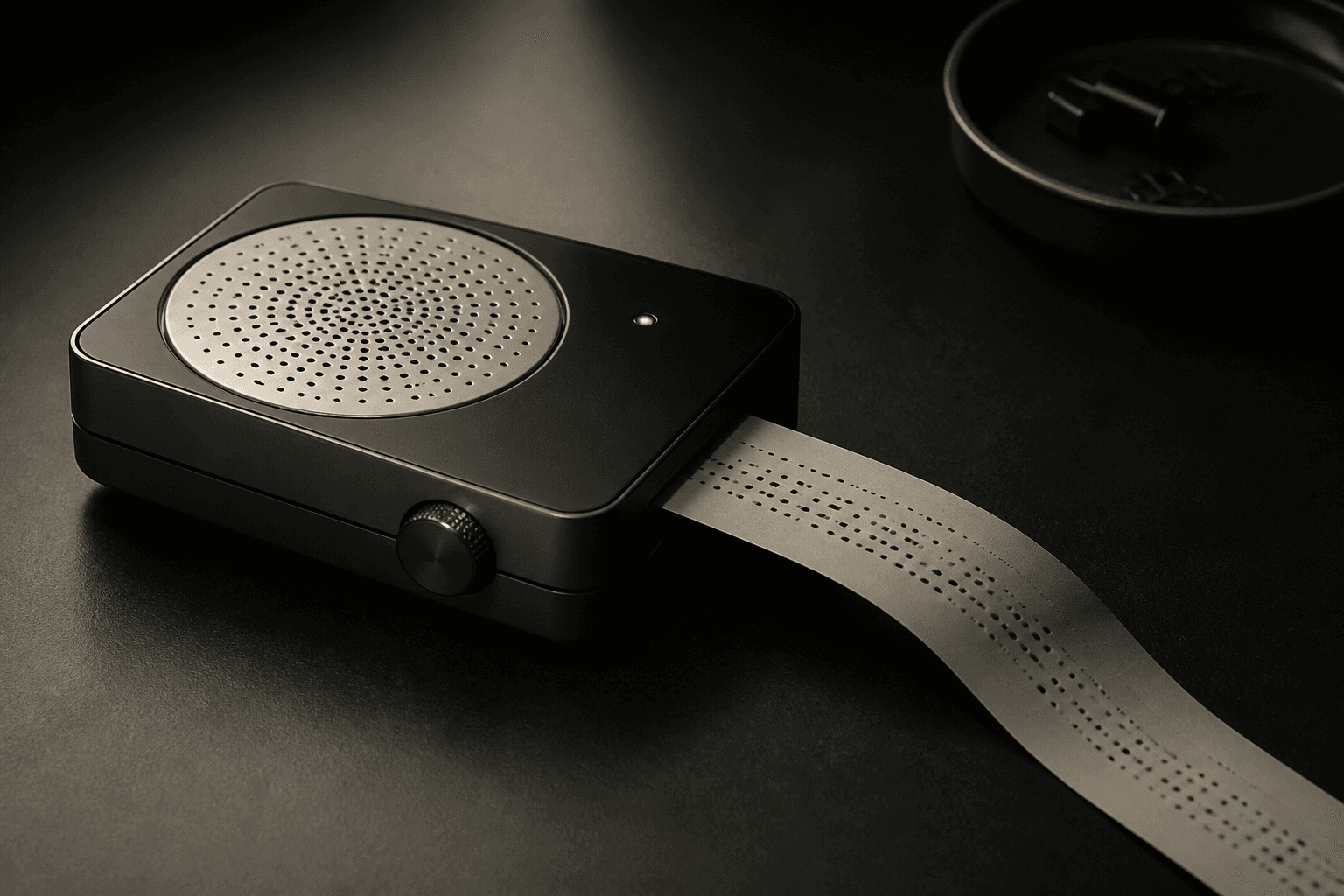 An abstract desktop voice device turning speech into a paper ribbon, representing talk2dee.